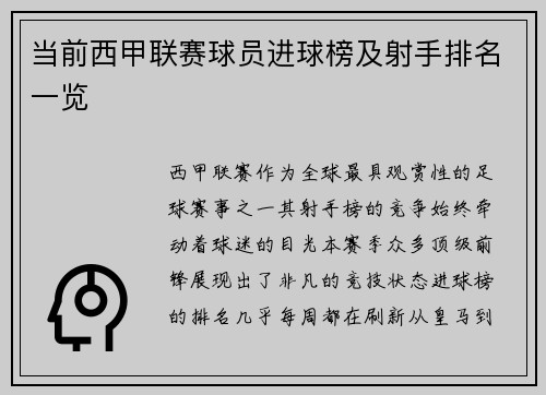 当前西甲联赛球员进球榜及射手排名一览