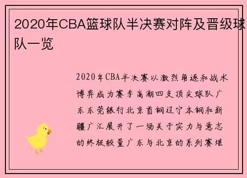 2020年CBA篮球队半决赛对阵及晋级球队一览