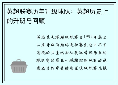 英超联赛历年升级球队：英超历史上的升班马回顾