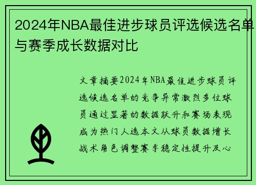 2024年NBA最佳进步球员评选候选名单与赛季成长数据对比